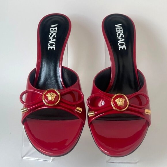 Versace Opera Bow Slides Women Red Leather Heels Medusa Sandals Size 38.5 US8.5 - Picture 4 of 12